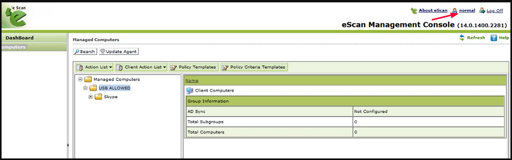 Editing a standard user profile in the eScan console