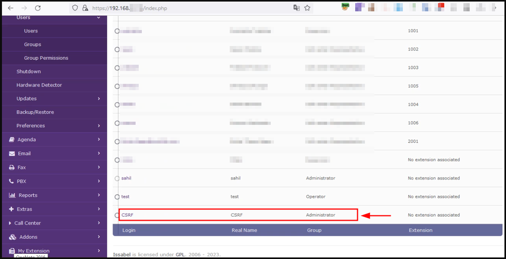 A new administrator account created through the CSRF exploit