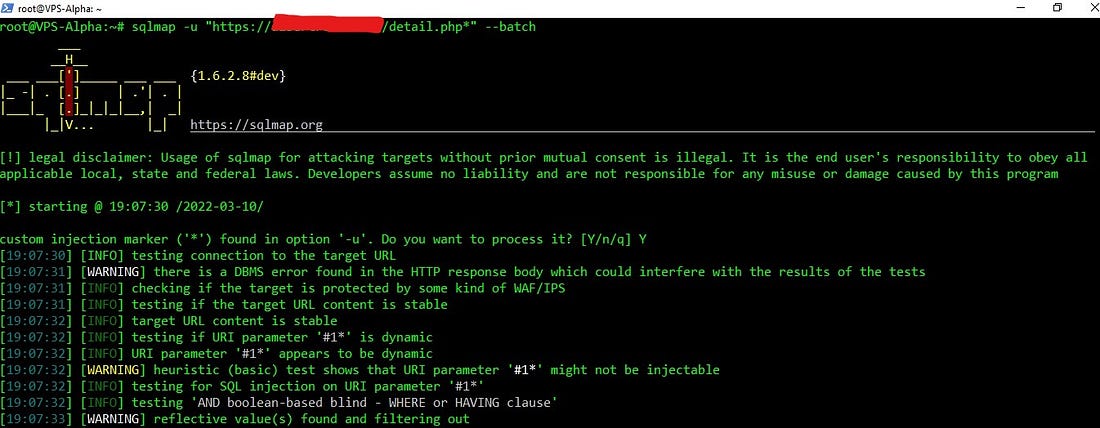 Initial SQL injection attempt on the target